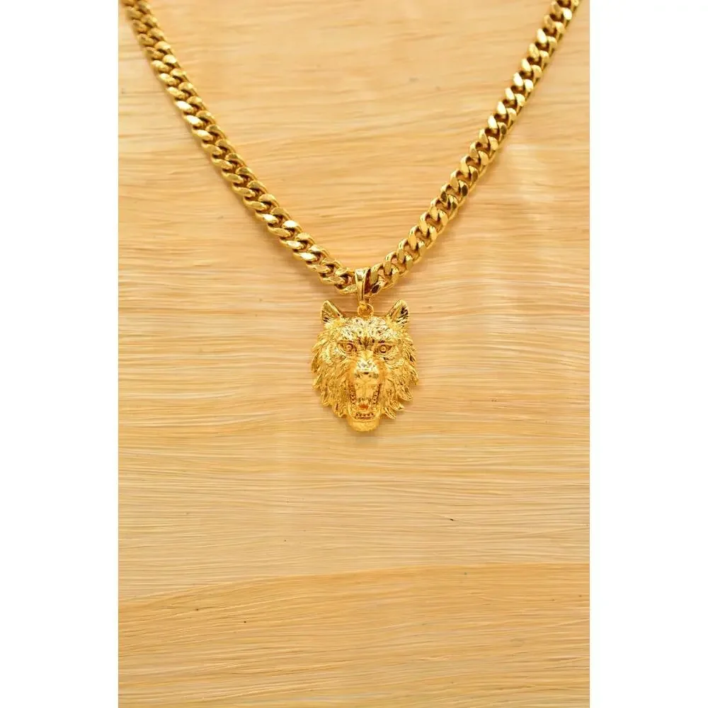 Kalifornia Lion Pendant Necklace Gold Tone Cuban Chain Signed Unisex 9J